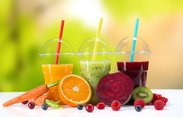 Fresh juice mix fruit, healthy drinks on wooden table.